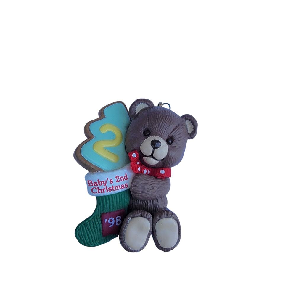Vintage 1998 Baby's 2nd Christmas Ornament Teddy Bear & Stocking